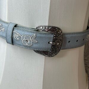 Embroidered Blue Belt with Silver Buckle